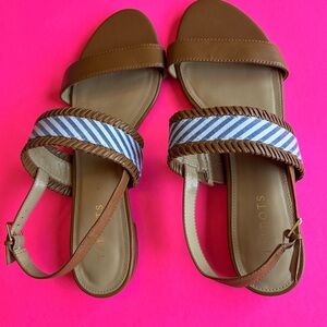 Talbots Tan Leather Sandals with Blue & White Striped Adjustable Strap Size 11
